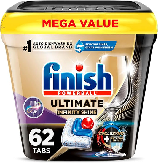 Finish Ultimate Infinity Shine Dishwasher Pods, No Pre-Rinse Dishwasher Detergent Soap Removes Burnt-On Stain, with Protector Shield & CycleSync Technology, Degreasing & Scrubbing Power, 62 Count