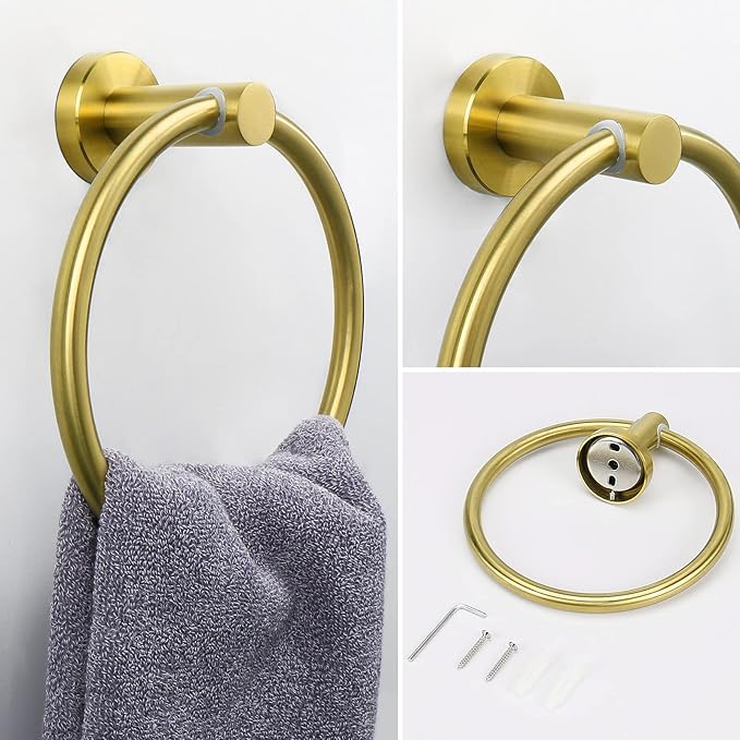 NearMoon 2 Pieces Bathroom Hardware Accessories, Towel Ring and Toilet Paper Holder- Stainless Steel Bath Towel Hanger and Hand Towel Holder, Wall Mounted (Brushed Gold)