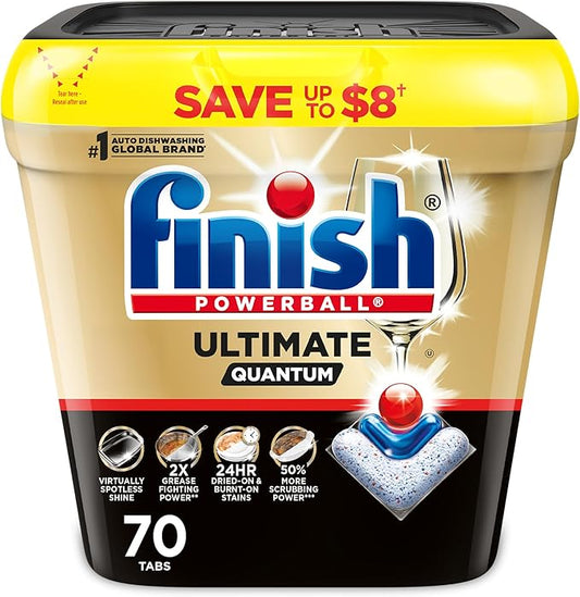 Finish Ultimate Quantum Dishwasher Pods, New & Improved Formula, Dishwasher Detergent Dish Soap, Removes Burnt-On & Dried-On Stain, Degreasing & Scrubbing Power, 70 Count