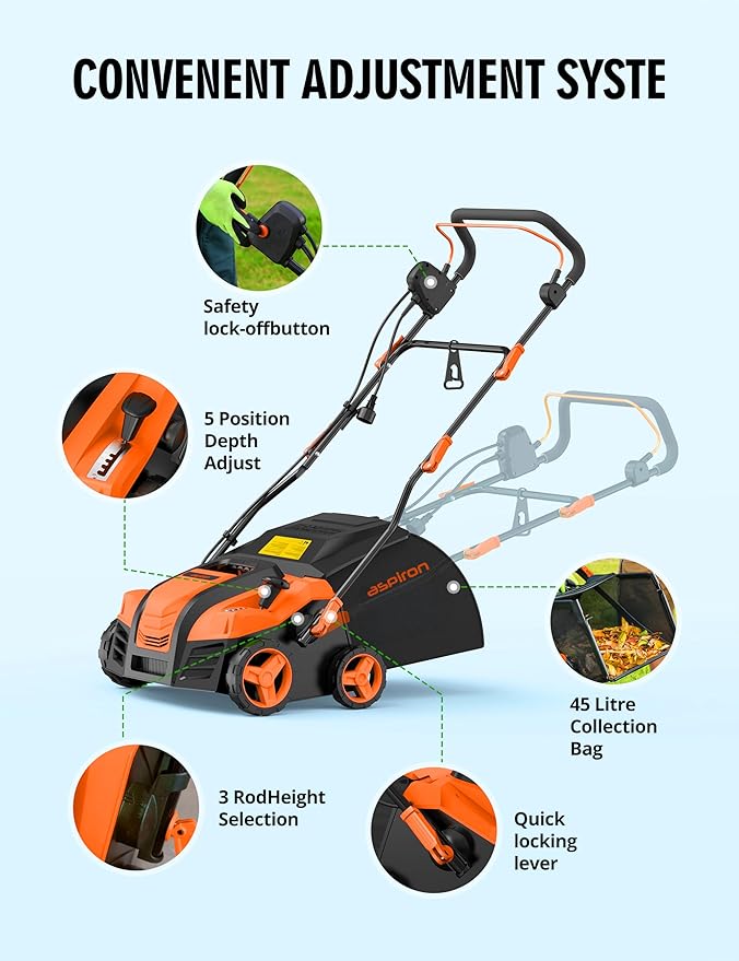Aspiron 16” Artificial Turf Vacuum, 1800w Canister Vacuum Grass Sweeper 15 Amp Lawn Sweeper Yard Power Brush with 45L Removable Leaf Collection Bag, Quick-Fold, Keeps Clear Sweepy Box, Tangerine