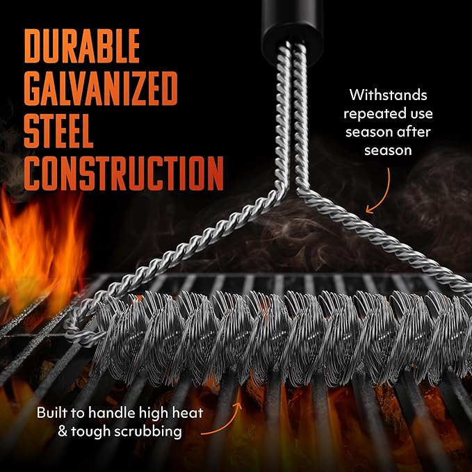 Brushtech Double Helix Grill Brush, 16″ Flat BBQ Grill Cleaner - Bristle‑Free Coil Springs Clean Tops & Sides - Stainless Steel, Long Reach Handle, Heavy‑Duty BBQ Tool for Gas & Charcoal Grates
