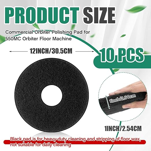 10 Pcs 12" Cleaning Orbiter Pads Commercial Floor Buffer Pads Hardwood Floor Maintenance Scrubber Polisher Cleaning and Stripping for Orbiter Machine (Black)