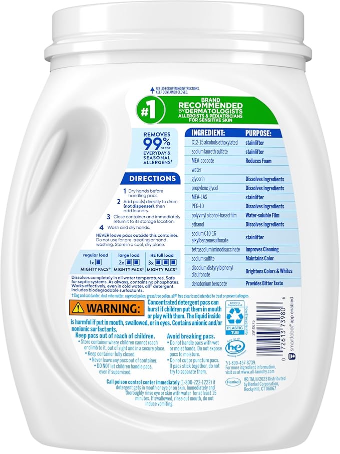 all Unit Dose Laundry Detergent, Mighty Pacs, Free Clear, 132 Count