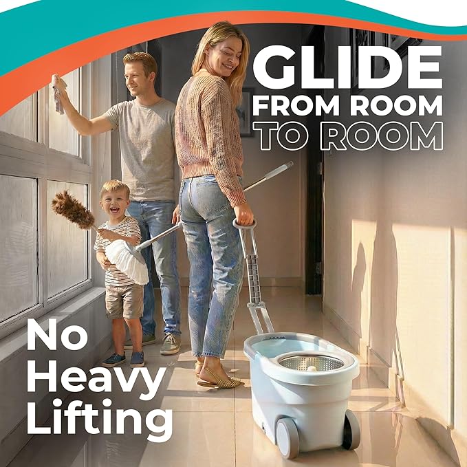 Grazie Spin Mop & Bucket Set - 360° Self-Wringing System with Wheels, Stainless Steel Handle - Hands-Free Floor Cleaning for Hardwood, Tile, Laminate - Includes 2 Washable Microfiber Mop Head Refills