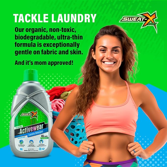 SWEAT X Original Activewear Laundry Detergent Liquid - Natural Washing Detergent for Activewear & Gym Clothes - Non Toxic Laundry Detergent for Sensitive Skin - Concentrated, 45 Loads (1 Bottle)