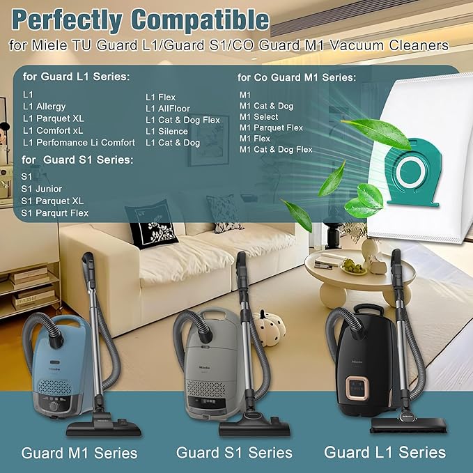 Pymin 12 Pack TU Vacuum Hoover Bags with 4 Exhaust Filters Compatible with Miele Pure TU Dust Bag for Guard L1/ S1 Junior/Silence/Allergy/Parquet XL/Flex/AllFloor/Cat/Dog/Comfort Series