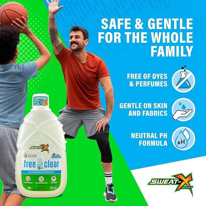 SWEAT X Free & Clear Laundry Detergent Liquid - Natural Non Toxic Laundry Detergent for Sensitive Skin - Gentle Washing Detergent for Activewear & Performance Fabrics - 45 Loads/Bottle, 2 Bottles