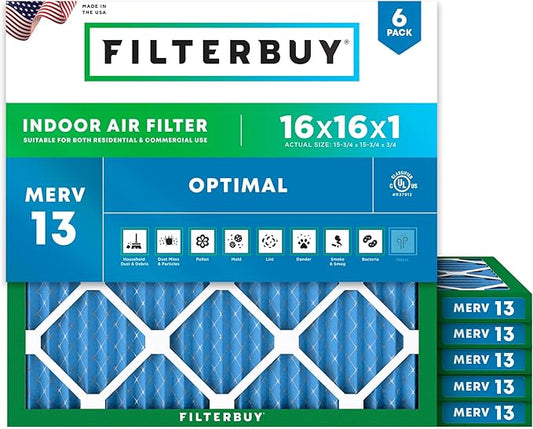 Filterbuy 16x16x1 Air Filter MERV 13 Optimal Smoke & Allergy Defense (6-Pack), Electrostatic Pleated HVAC AC Furnace Filters Replacement, Made in USA (Actual Size: 15.75 x 15.75 x 0.75)