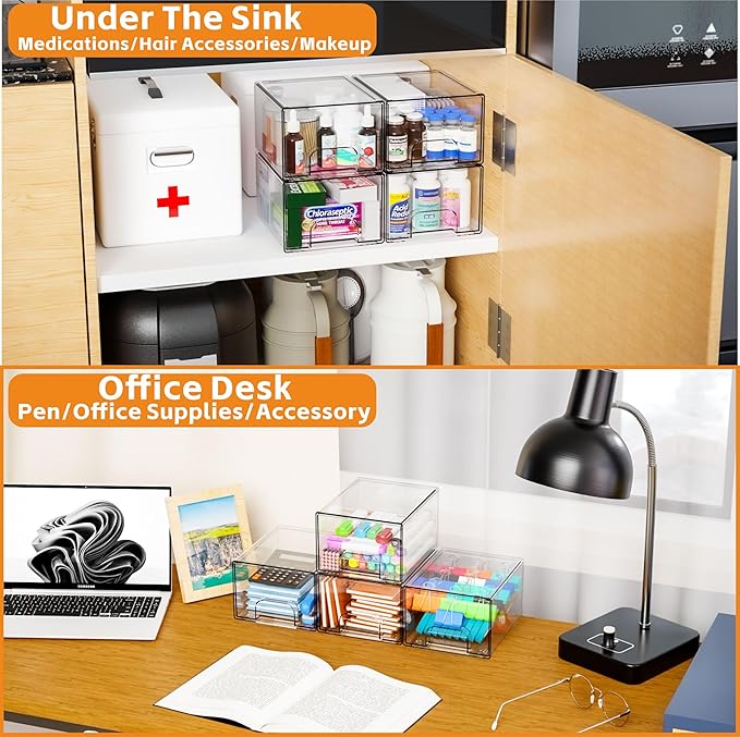 Yieach 2 Pack Clear Stackable Storage Drawers,4.4'' Tall Acrylic Drawer Containers for Organizing,Bathroom Organizers and Storage Bin Box,Plastic Makeup,Medicine Organizer Bins for Cabinet,Undersink