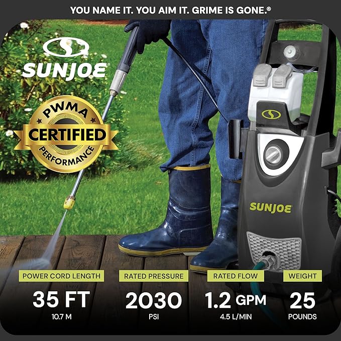 Sun Joe Electric Pressure Power Washer, Heavy-Duty 2500 Max PSI (2030 PSI PWMA Rated), Cleaning Machine for Patios, Decks, & Sidewalks, Safety First GFCI Power Cord, w/Dual Soap Tanks, SPX3000
