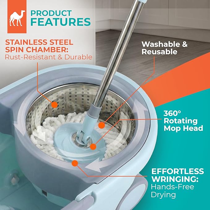 Grazie Spin Mop & Bucket Set - 360° Self-Wringing System with Wheels, Stainless Steel Handle - Hands-Free Floor Cleaning for Hardwood, Tile, Laminate - Includes 2 Washable Microfiber Mop Head Refills