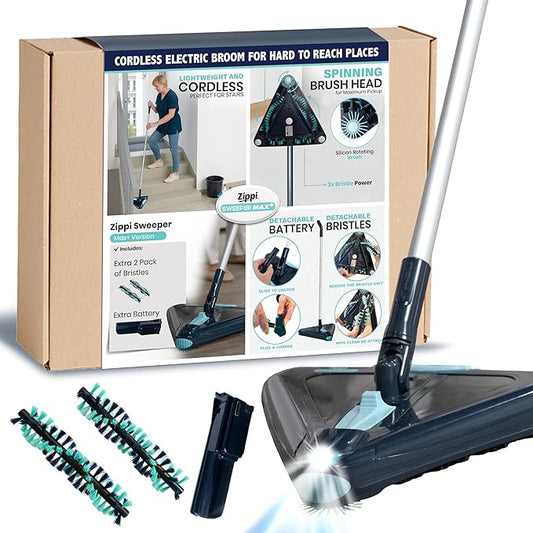 Zippi Sweeper Max Plus - 2025 Version Lightweight Sweeper, Triangular Design Allows for Sweeping in Corners, Perfect for Short Carpet Hardwood and Tile, LED Light, 1 Hr Cleaning Time