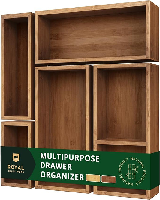 ROYAL CRAFT WOOD Premium Carbonized Bamboo Decorative Boxes - Drawer Organizer Set (5-Piece) – Wood Storage Boxes for Kitchen, Bathroom, Office & Makeup