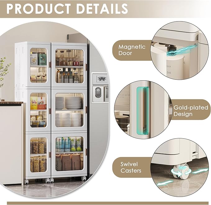 VECELO 4-Tier Tall Narrow Storage Cabinet with Movable Wheels, Adjustable Shelves, Anti-Tip, Slim, for Small Space, Bathroom, Kitchen, Laundry, White | 4-Tier, Movable Wheels, Adjustable Shelves, Magnetic Doors, Slim