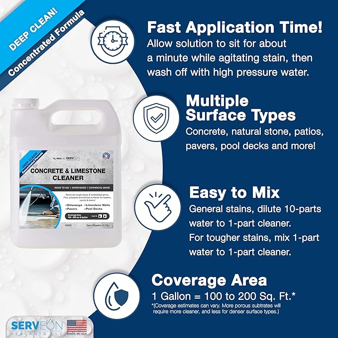 Concrete Cleaner (Concentrated Formula) Grout Stone Cleaner Water-Based Commercial Grade Outdoor Indoor Oil Stain Remover for Driveways Pavers Patios (1 Gallon) H2600