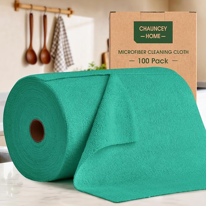 Microfiber Cleaning Cloth Roll–100 Pack, Tear Away Microfiber Towels, Reusable, Washable, Scratch-Free, Kitchen Towels for Car, Home, Kitchen, Glass, Dishes (Malachite Green)