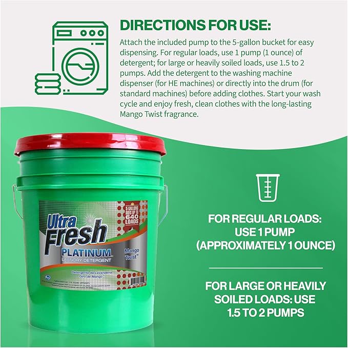 Ultra Fresh 5 Gallon Liquid Laundry Detergent Washing Soap for All Machine Types, 3X Platinum, Up to 640 Loads, Mango Twist