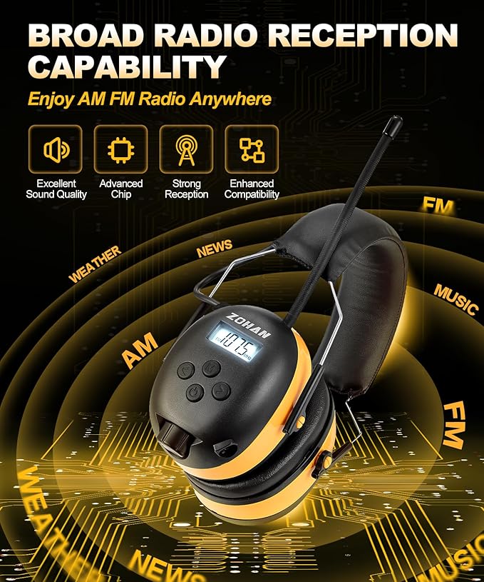 ZOHAN EM042 AM/FM Radio Headphone with Digital Display,Ear Protection Noise Reduction Safety Ear Muffs,Ultra Comfortable Hearing Protector for Lawn Mowing and Landscaping - Yellow
