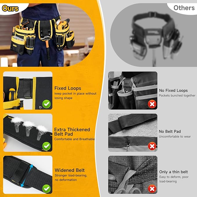 Tool Belt,Magnetic Tool Pouch,27-Pockets Heavy Duty Tool Belts for Men,Detachable Tool Pouch Bag for Electrician,Carpenter,Construction,Utility Belt,Valentines Day Gifts for Men,Black,Yellow