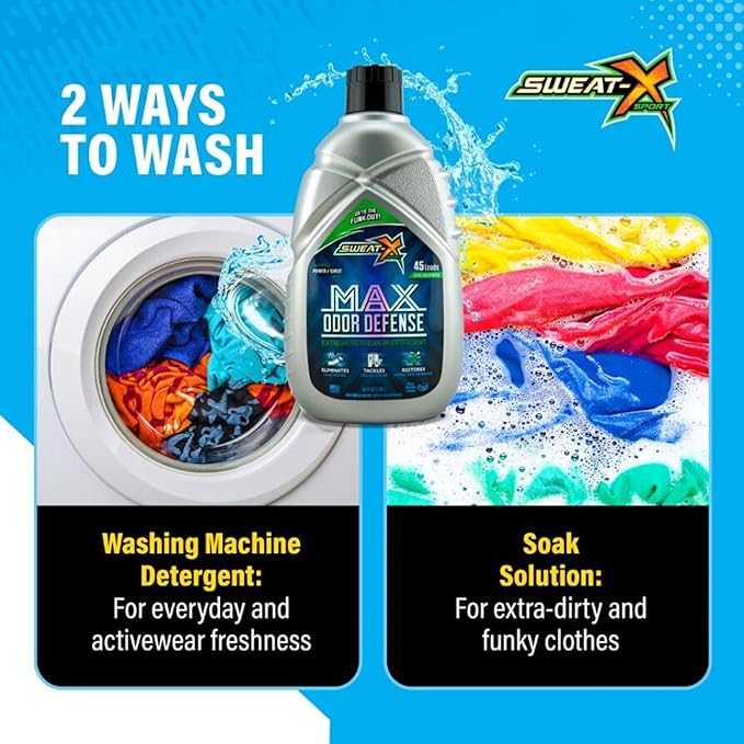 SWEAT X Max Odor Defense Laundry Detergent Liquid - Natural Washing Detergent for Activewear & Gym Clothes - Laundry Detergent for Sensitive Skin - Concentrated Detergent, 45 Loads (1 Bottle)