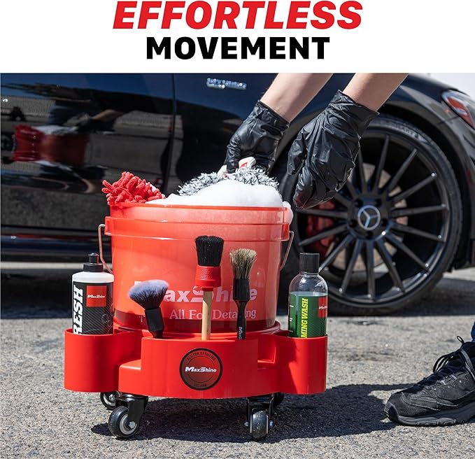 Maxshine Universal Rolling Bucket Dolly (Black) – Heavy-Duty Polypropylene with 5 Swivel Wheels, 5 Bottle & Brush Holders – Secure Fit, Spill-Free Design for Car Wash & Auto Detailing Organization