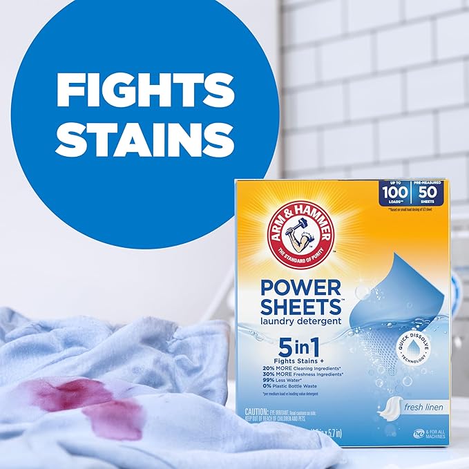 Arm & Hammer Power Sheets Laundry Detergent, Fresh Linen 50ct, up to 100 Small Loads (Packaging may vary)