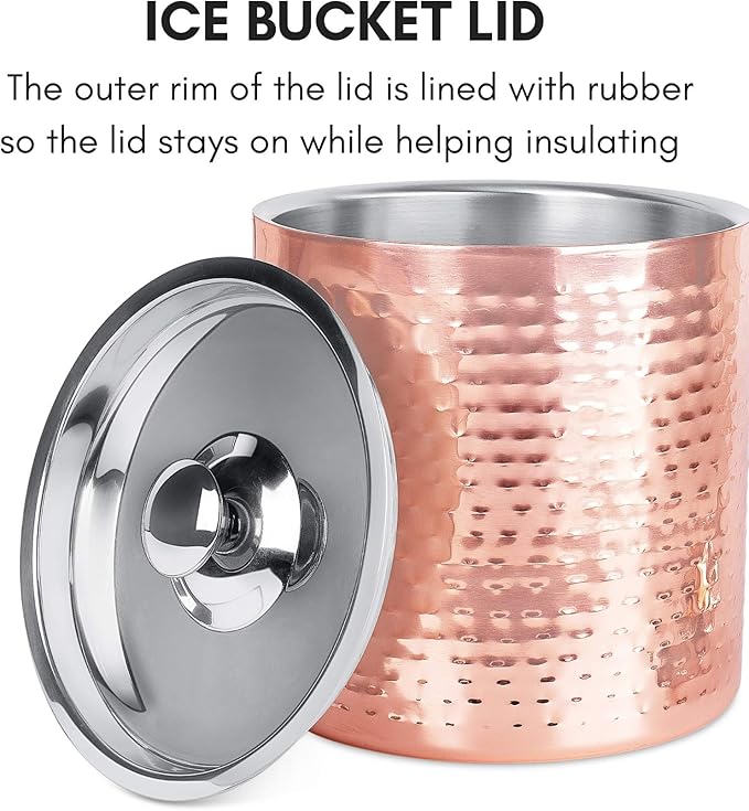 BIRDROCK HOME Ice Bucket with Scoop & Lid - 2.8 Liter Hammered 18/8 Stainless Steel Double Wall Insulated Container with Carrying Handle - Ideal for Parties, Cocktails, and Beverages - Copper