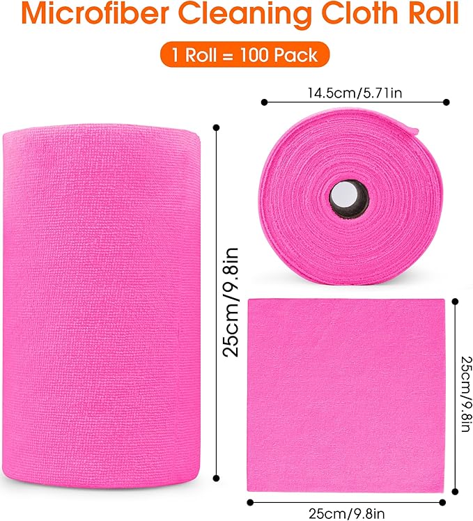 Microfiber Cleaning Cloth Roll - 100 Pack Tear Away Microfiber Paper Towels, Reusable, Washable, Scratch-Free, Kitchen Towels for Car, Home, Kitchen, Glass, Dishes (Hot Pink)