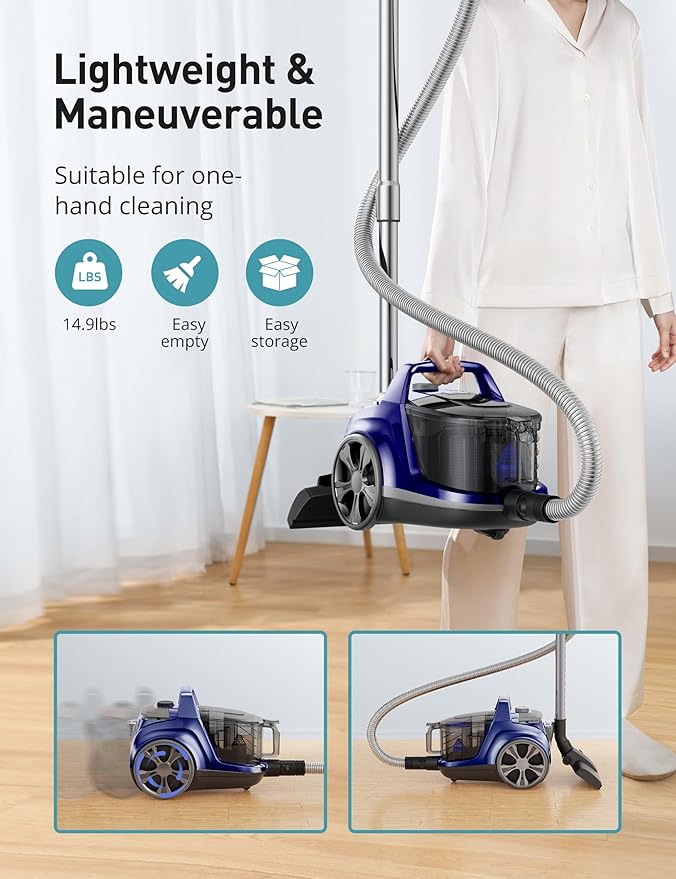 Aspiron Canister Vacuum, Upgraded 1600W Bagless Canister Vacuum Cleaner, Auto Cord Rewind, H13 HEPA Filter, 4Qt Large Capacity, 5 Tools for Hard Floors, Carpet, Pet, Upholstery, Tiles, Sapphire