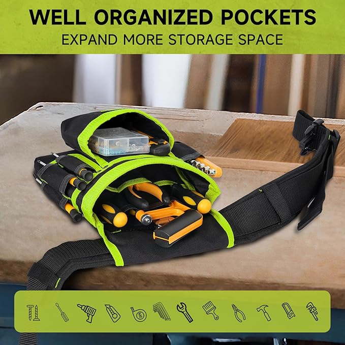 Tool Belt,Magnetic Tool Pouch,27-Pockets Heavy Duty Tool Belts for Men,Detachable Tool Pouch Bag for Electrician,Carpenter,Construction,Work Apron,Utility Belt,Valentines Day Gifts for Men,Black,Green