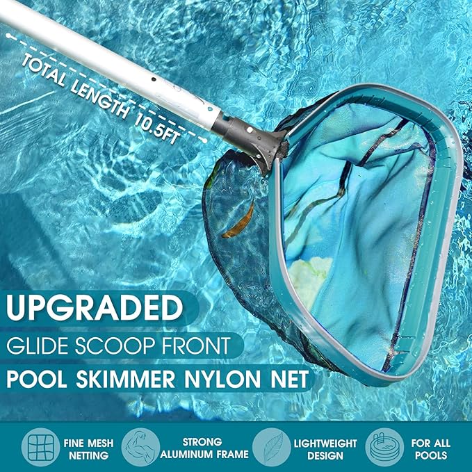 Swimming Pool Cleaning Kit - Aluminum Frame Skimmer Net with 10Ft Adjustable Pole & 17.5” Pool Brush Head, Pools Maintenance Kits for Inground & Above Ground Swimming Pools, Removes Debris