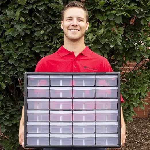 Akro-Mils 24-Drawer Plastic Storage Cabinet | 20" W x 6" D x 16" H | Black | Model 10124 | Garage Organization