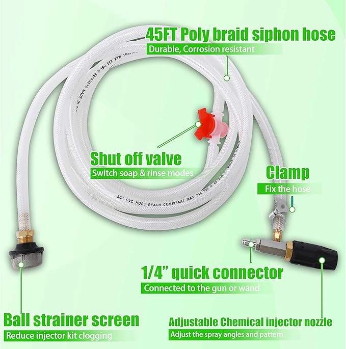 JOEJET Adjustable Pressure Washer Long Range Nozzle, Downstream Injector for Pressure Washer, External Injection Soft Wash Nozzle with 45 FT Siphon Hose, 4-4.5 GPM