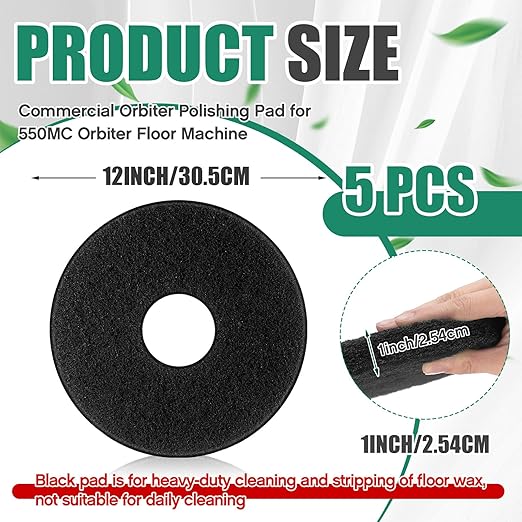 5 Pcs 12" Cleaning Orbiter Pads Commercial Floor Buffer Pads Hardwood Floor Maintenance Scrubber Polisher Cleaning and Stripping for Orbiter Machine (Black)