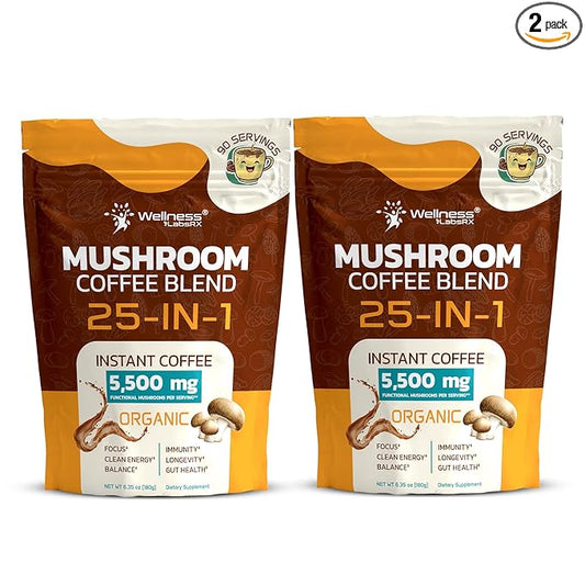 Mushroom Coffee Organic Instant Coffee, 25-in-1, Third-Party Tested Keto Friendly Lions Mane Supplement with Functional Mushrooms – Shiitake, Reishi, Lion’s Mane & More | Smooth, Rich Flavor - 90 Servings (Pack of 2)