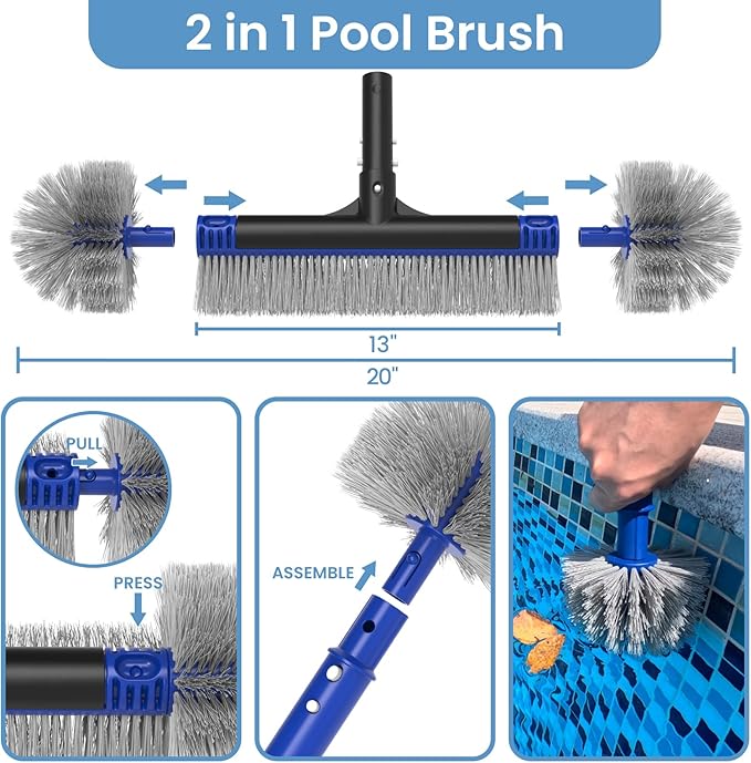 Poolvio Upgraded Pool Cleaning Kit – Weighted Vacuum Head with Wheels, 2-in-1 Pool Brush & Skimmer Net for Easy Debris Removal (No Pole)