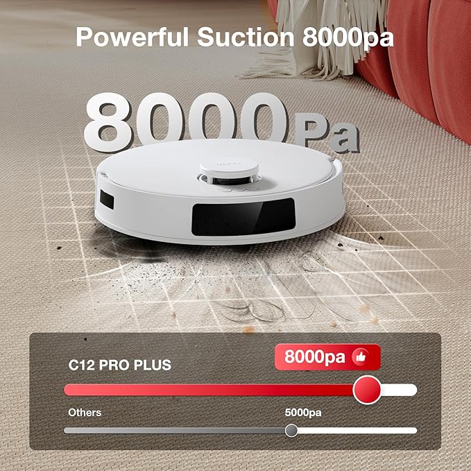 Yeedi C12 Plus Robot Vacuum and Mop, 8000Pa Strong Suction, 7-Week Dust Storage, Bagless Dust Bin, PureCyclone Tech, ZeroTangle Brush, White