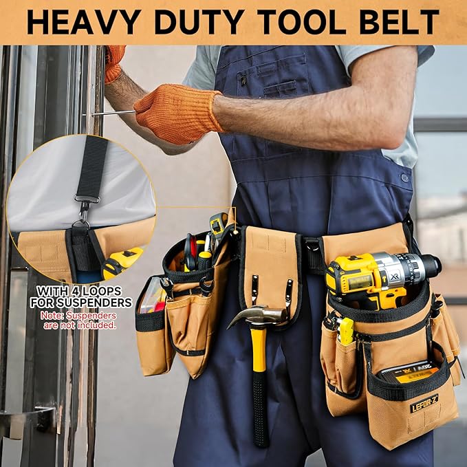 Tool Belt,Magnetic Tool Pouch,27-Pockets Heavy Duty Tool Belts for Men with 4 D-Rings,Detachable Tool Pouch Bag for Electrician,Carpenter,Construction,Utility Belt,Valentines Day Gifts for Men,Brown