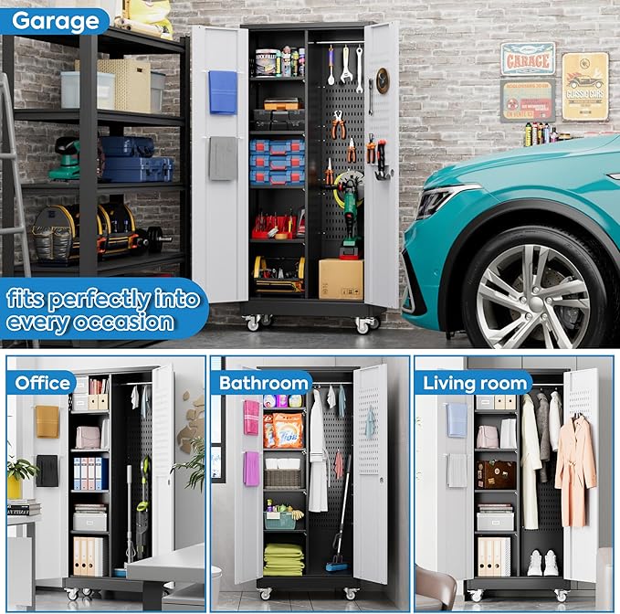 SUXXAN Broom Closet Storage Cabinet with Wheels 71.4"x 31.5"x15.7", Metal Cleaning Cabinets with Hooks and Hanging Rods, Lockable Cabinet with Pegboard, Adjustable Shelf(Black/White)