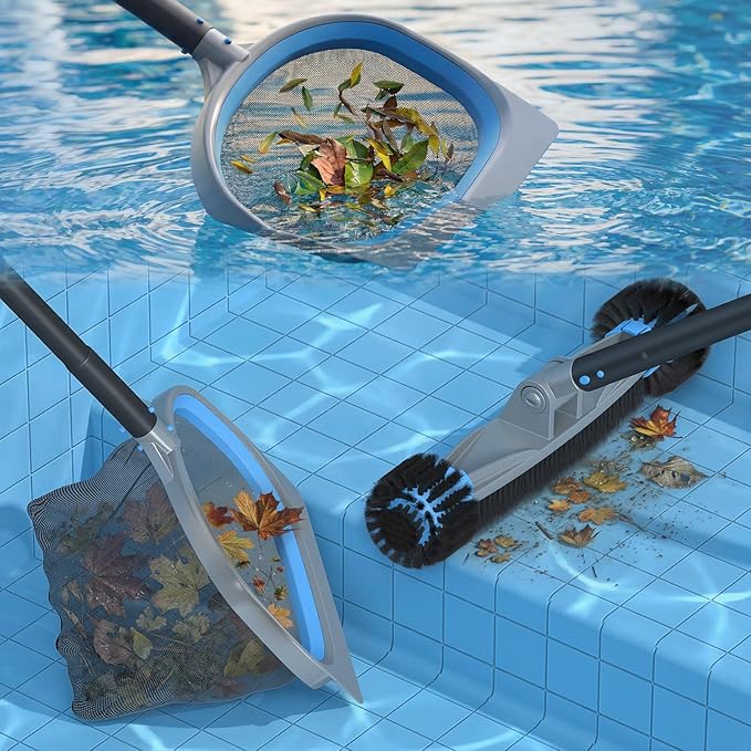UIRWAY 4-in-1 Deluxe Swimming Pool Cleaning Kit - Includes Detachable Pool Brush, Heavy Duty Deep Leaf Skimmer Net, Fine Mesh Net, Extendable Aluminum Pole for Inground & Above Ground Pools Cleaning