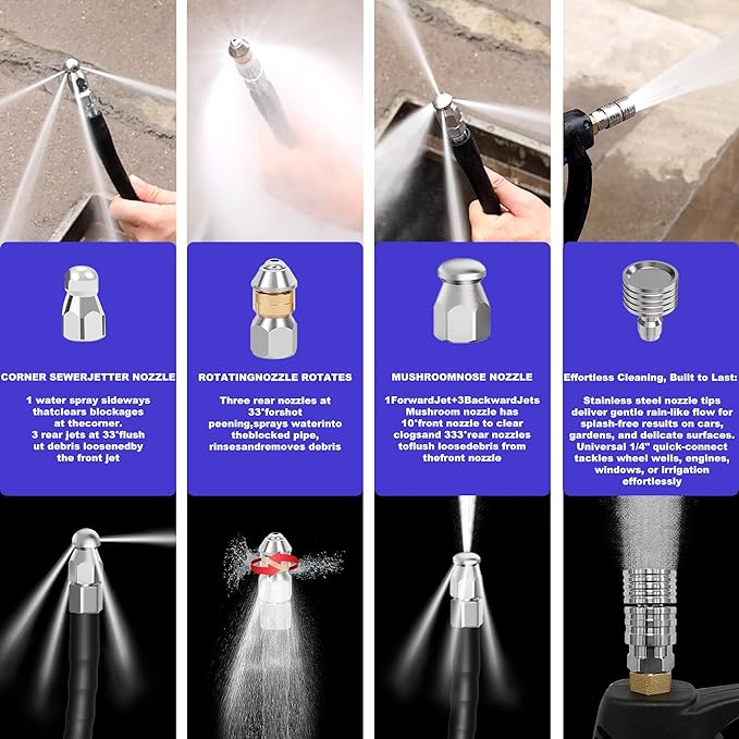 SITIMIMIL® Sewer Jetter Kit for Pressure Washer 150FT, 5800PSI Sewer Jetter Hose Kink-Free with 4 Nozzles, 1/4 Inch NPT Hose for Plumbers/Contractors/DIYers Drain Cleaning