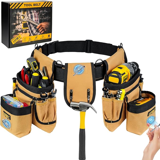 Tool Belt,Magnetic Tool Pouch,27-Pockets Heavy Duty Tool Belts for Men with 4 D-Rings,Detachable Tool Pouch Bag for Electrician,Carpenter,Construction,Utility Belt,Valentines Day Gifts for Men,Brown