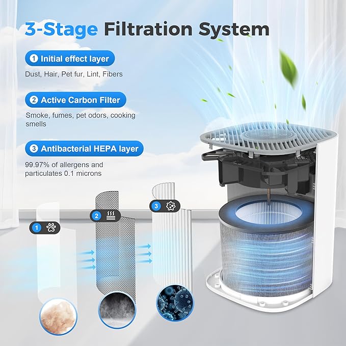 Air Purifier for Home, H13 True HEPA Filter With Activated Carbon Filter, Air Cleaner for Room with Sleep Mode & Night Light, Remove Pets Hair Dust Smoke, White