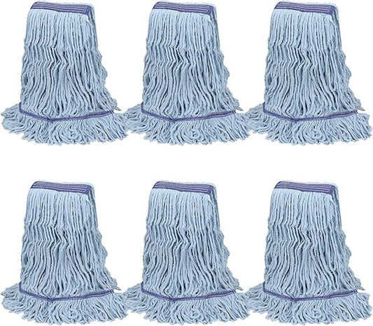 Commercial Heavy Duty Mop Heads Replacements: Wet Industrial Blue Cotton Looped End String Head Refill for General Floor Cleaning (6 Pack)