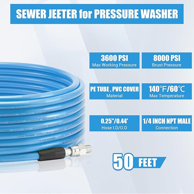 RIDGE WASHER Sewer Jetter Kit for Pressure Washer 50FT, 3600 PSI Drain Cleaning Hose with Short Pressure Washer Gun, 1/4 Inch NPT Corner, Rotating and Button Nose Sewer Jetting Nozzle
