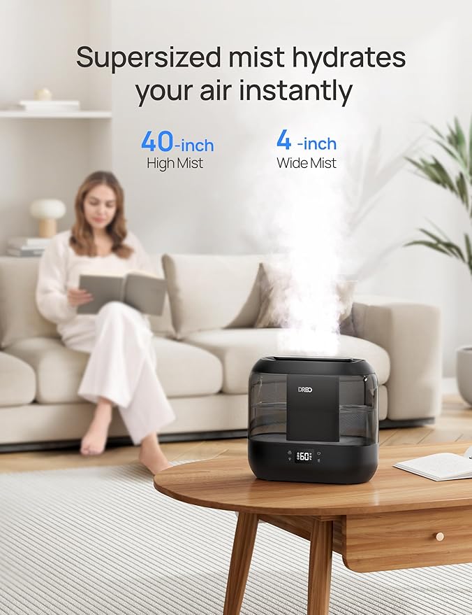 Dreo Smart Humidifiers for Bedroom-Filter Included, Top Fill 4L Humidifier Large Room with 28 dB, 36H Runtime, Touch/APP/Voice Control, Nightlight, Cool Mist Humidifiers for Baby, Plants, Ebony
