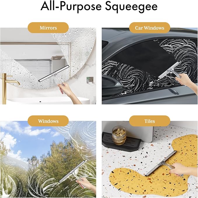 AmazerBath Shower Squeegee for Glass Doors, All-Purpose Squeegee with Suction Hook & Adhesive Hook, Clear Squeegee for Shower Glass, Windows, Mirrors, Tiles and Car Windows - 10 Inches, Clear