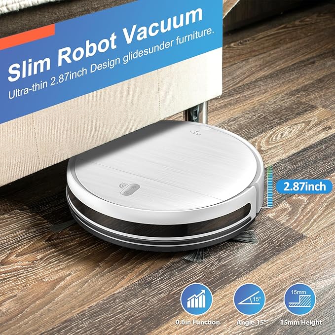 Robot Vacuum and Mop Combo, 2 in 1 Robotic Vacuum Cleaner with Schedule, App/Alexa/Voice Control, Slim 2.87", Self-Charging, 2300 Pa Suction & Long Runtime, Ideal for Hard Floor, Pet Hair, Carpet