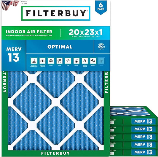 Filterbuy 20x23x1 Air Filter MERV 13 Optimal Smoke & Allergy Defense (6-Pack), Electrostatic Pleated HVAC AC Furnace Filters Replacement, Made in USA (Actual Size: 19.50 x 22.50 x 0.75)