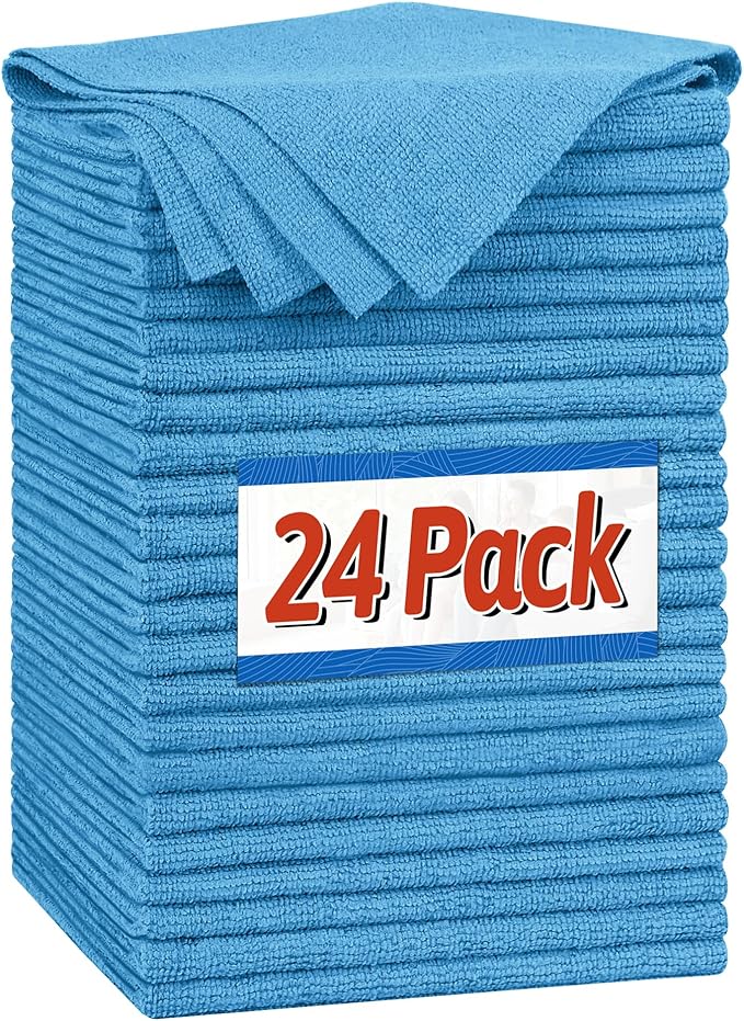 FIXSMITH Microfiber Cleaning Cloth, Shop Towels Bulk, 24 Pack Blue Microfiber Towels for Cars, All-Purpose Absorbent Cleaning Rags, Dust Cloth for Automotive, Mechanic, Garage, Bar, 12 x 11 inch